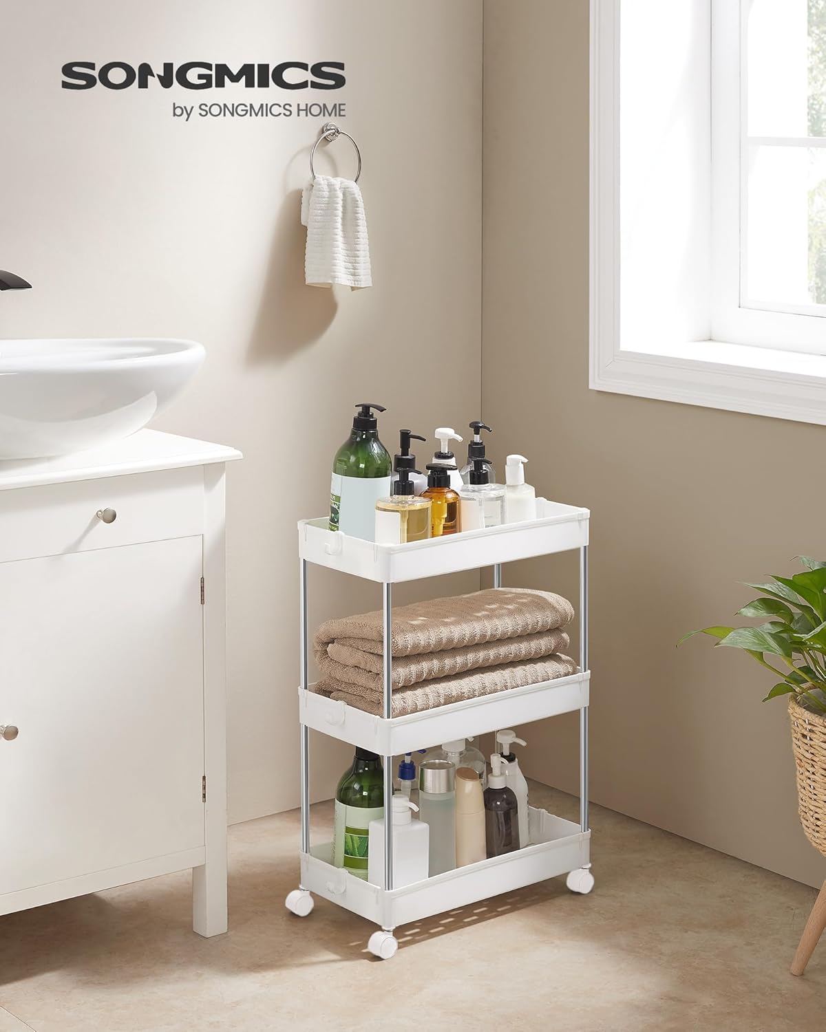 SONGMICS Carucior cu 3 niveluri, rafturi etajate detasabile, roti pivotante 360°, cadru metalic, 42x24x61 cm, alb