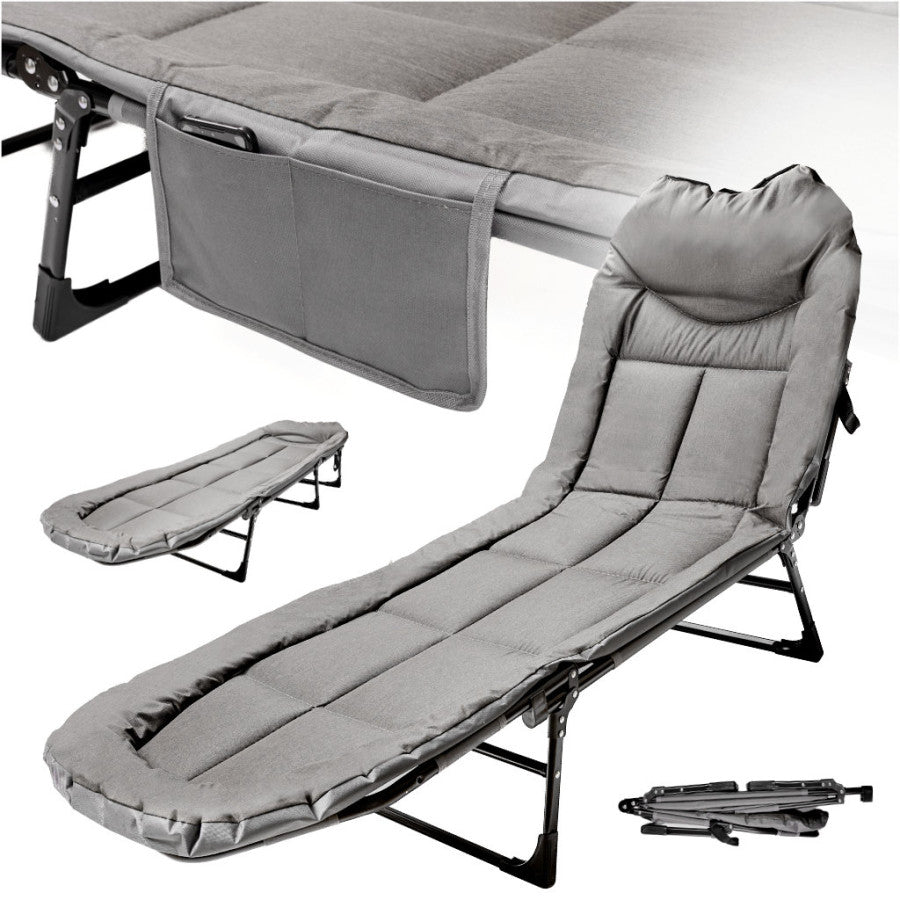Pat pliabil camping cu saltea, reglabil 5 pozitii, cadru otel, maxim 100 kg, 200x64x30 cm, gri