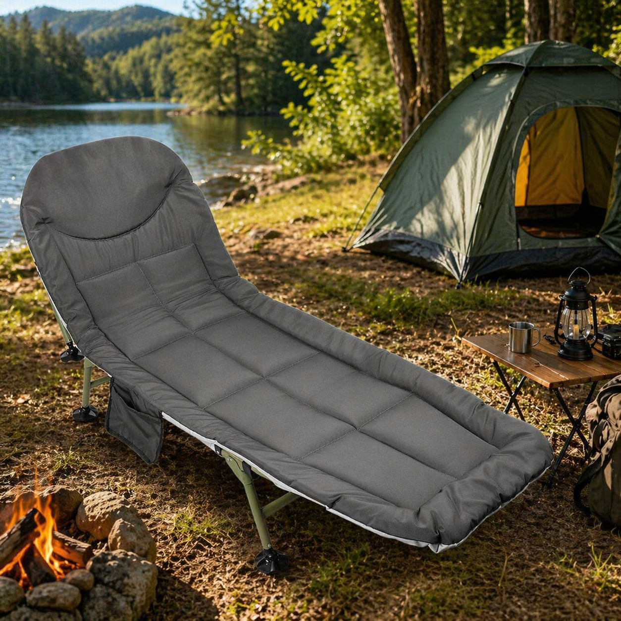 Pat pliabil camping cu saltea, reglabil 5 pozitii, cadru otel, maxim 100 kg, 200x64x30 cm, gri