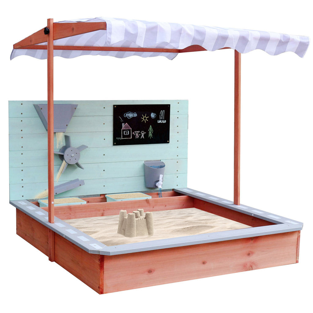 Ladita nisip din lemn cu baldachin reglabil, tablie de scris, robinet si moara nisip, 120x120x120 cm, maro