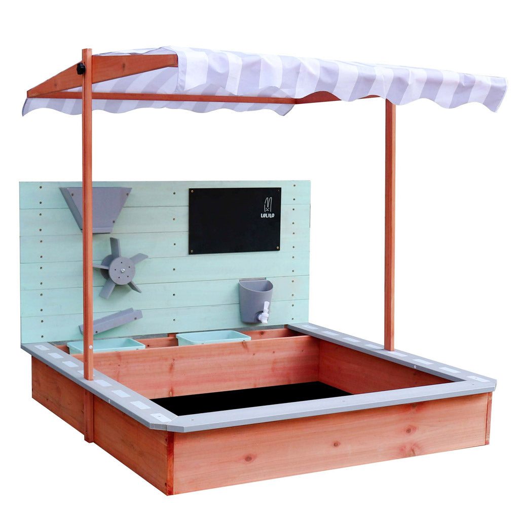 Ladita nisip din lemn cu baldachin reglabil, tablie de scris, robinet si moara nisip, 120x120x120 cm, maro