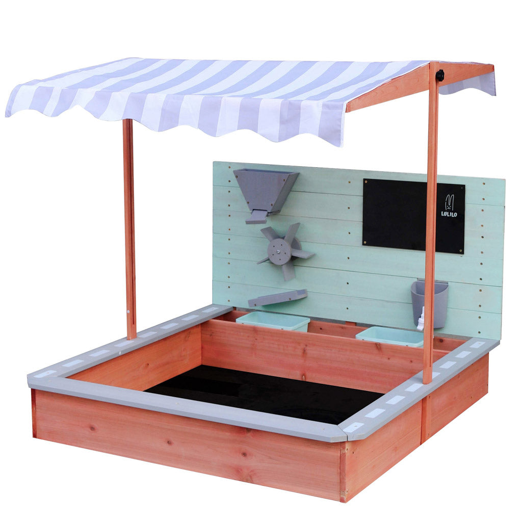 Ladita nisip din lemn cu baldachin reglabil, tablie de scris, robinet si moara nisip, 120x120x120 cm, maro