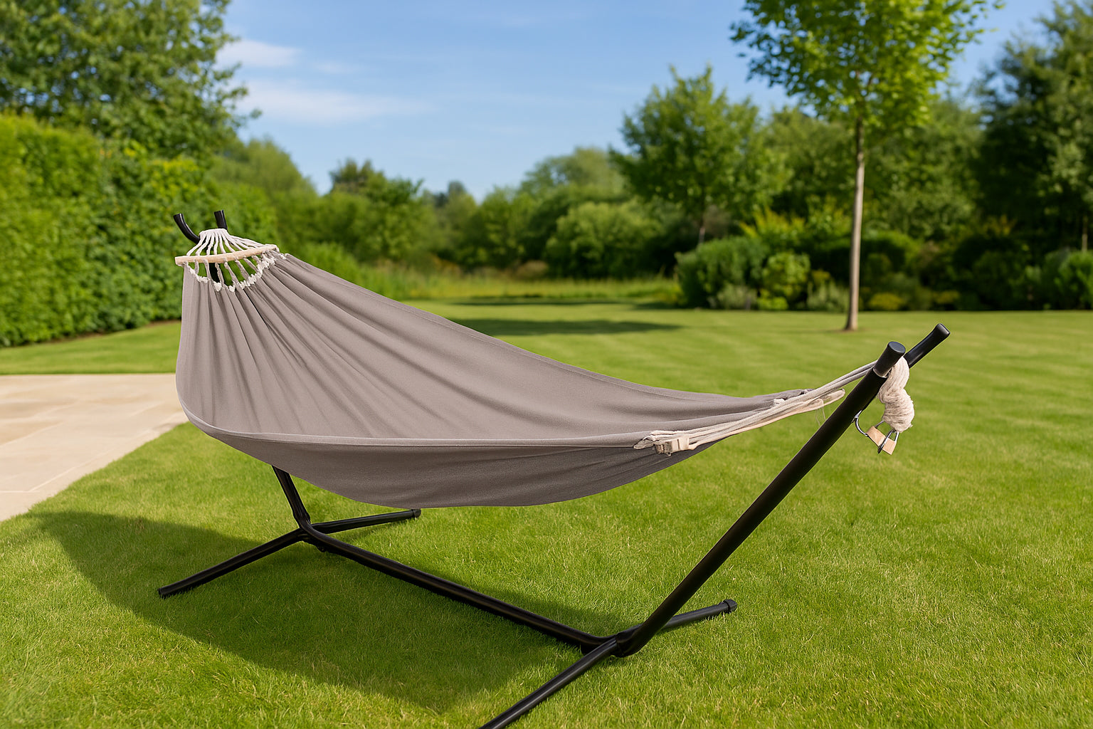 Hamac cu suport metalic, material textil 210x153 cm, cadru 247x133x104 cm, negru si gri