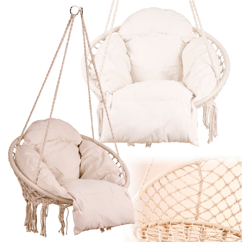 Scaun rotund tip leagan suspendat cu perna Confort Plus, casa sau gradina, ecru