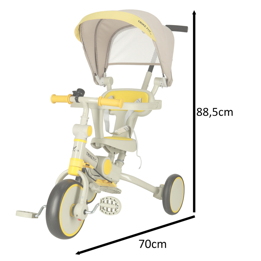 Tricicleta copii 6in1, 70x31x89 cm, cu ghidon reglabil, sezut cu spatar si copertina, cadru metalic, galben-gri