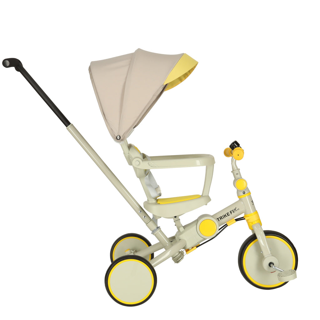 Tricicleta copii 6in1, 70x31x89 cm, cu ghidon reglabil, sezut cu spatar si copertina, cadru metalic, galben-gri