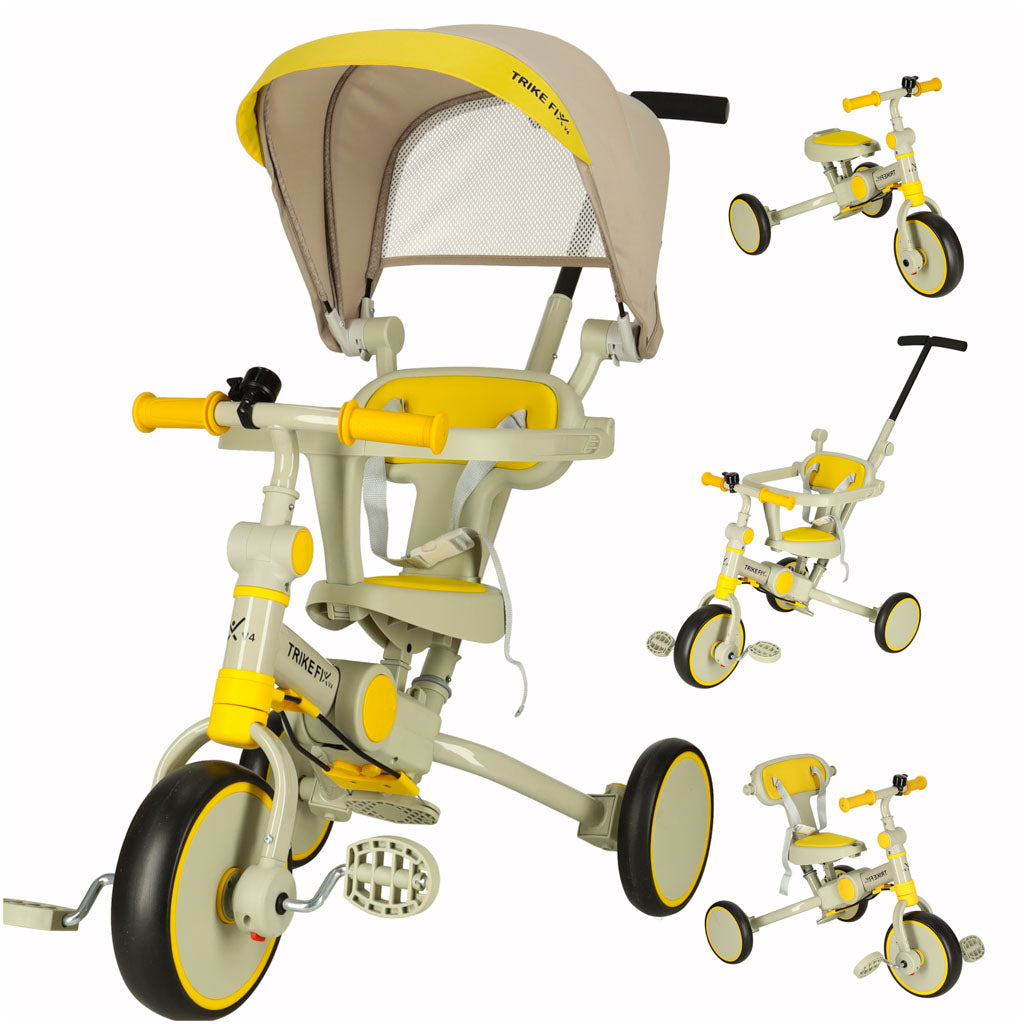 Tricicleta copii 6in1, 70x31x89 cm, cu ghidon reglabil, sezut cu spatar si copertina, cadru metalic, galben-gri
