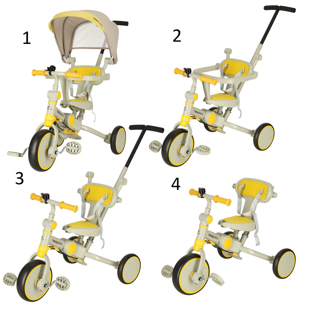 Tricicleta copii 6in1, 70x31x89 cm, cu ghidon reglabil, sezut cu spatar si copertina, cadru metalic, galben-gri