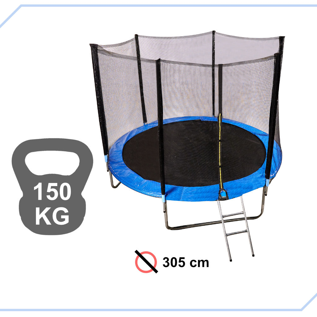 Trambulina copii de exterior 305 cm, cu plasa de protectie si scara, sarcina maxima 150 kg, albastra