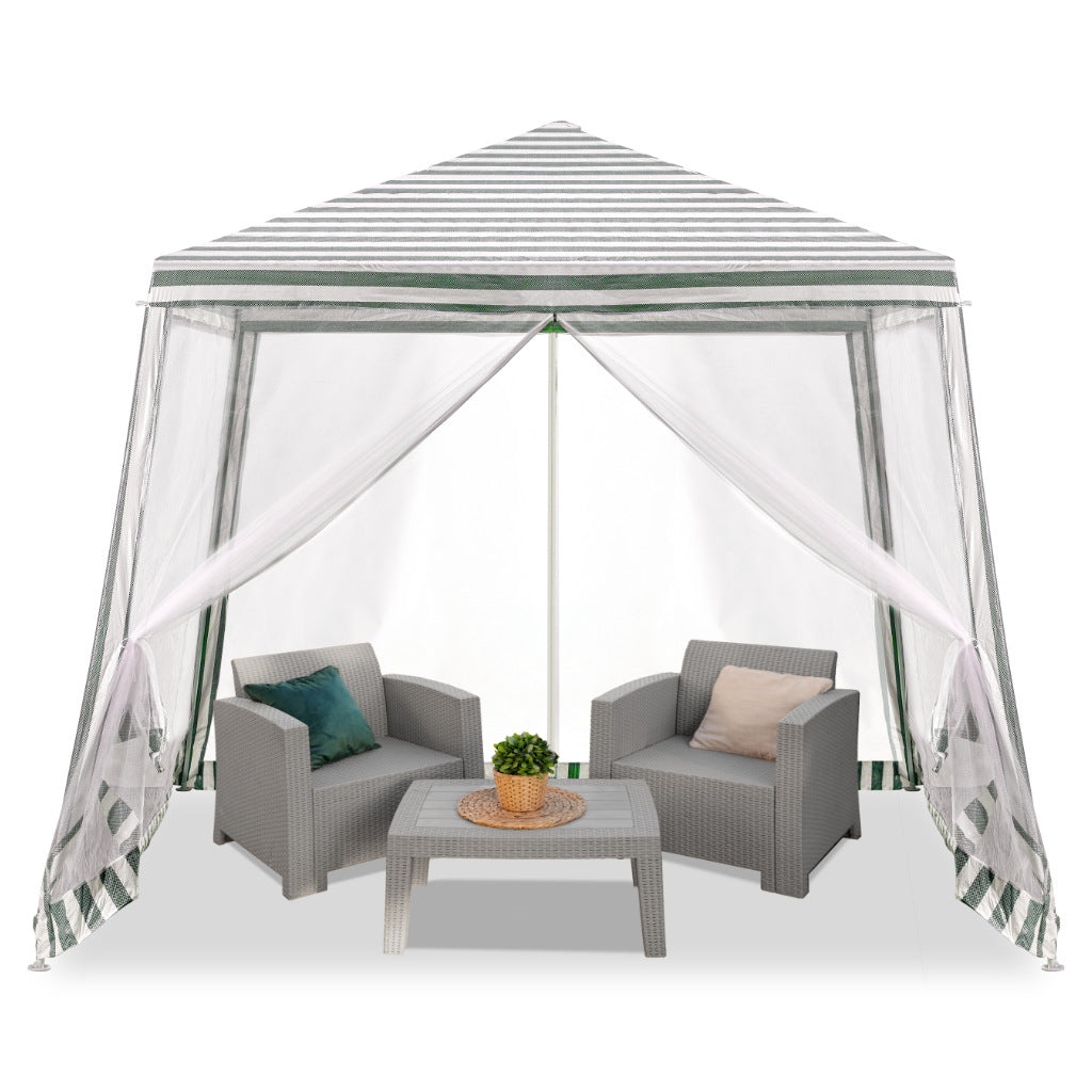 Cort pavilion gradina, pereti cu plasa anti insecte si structura metalica, 3x3 m, alb si verde