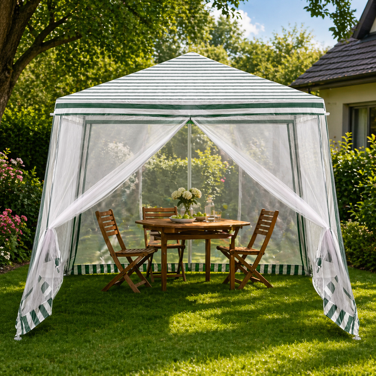 Cort pavilion gradina, pereti cu plasa anti insecte si structura metalica, 3x3 m, alb si verde