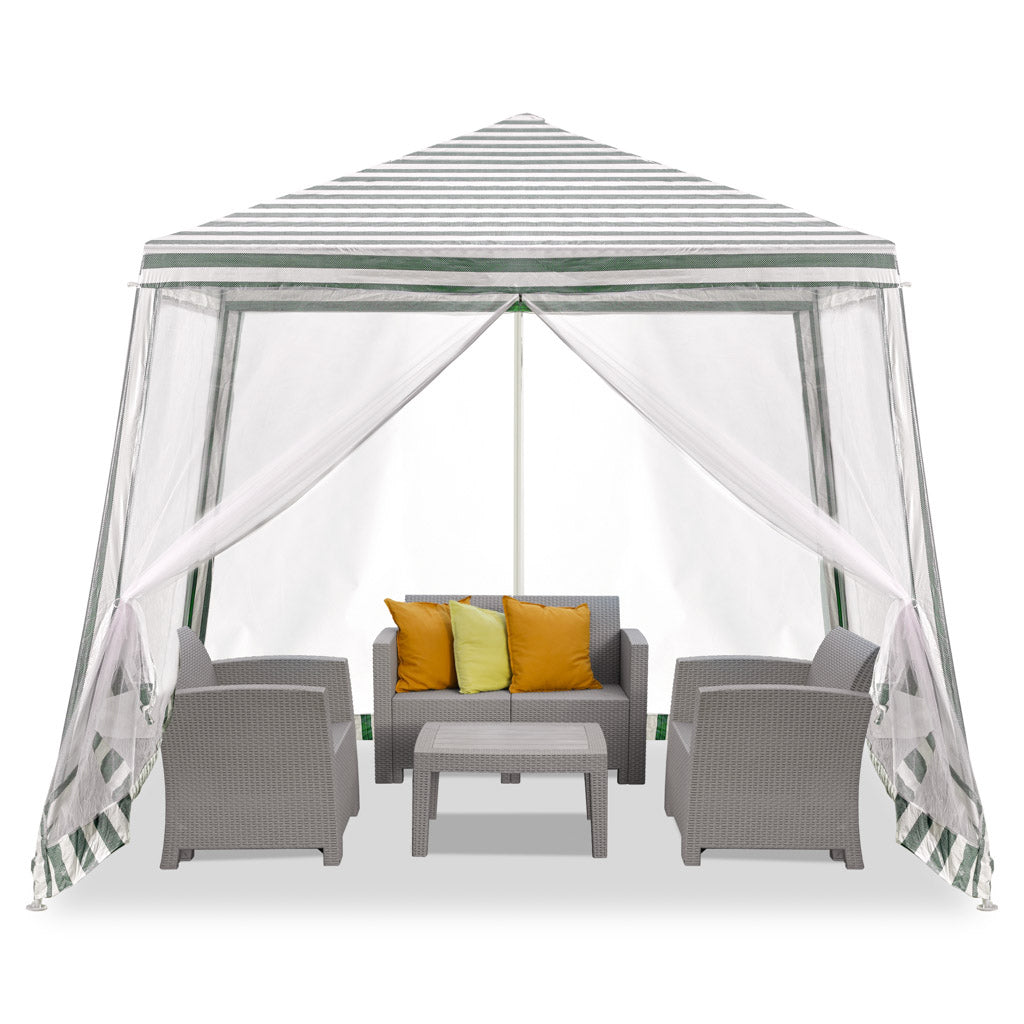 Cort pavilion gradina, pereti cu plasa anti insecte si structura metalica, 3x3 m, alb si verde