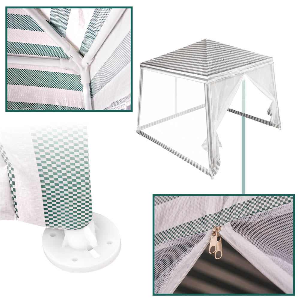 Cort pavilion gradina, pereti cu plasa anti insecte si structura metalica, 3x3 m, alb si verde
