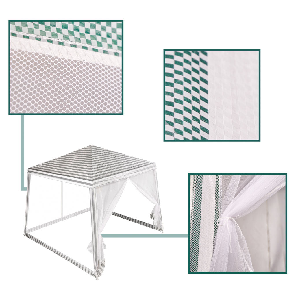Cort pavilion gradina, pereti cu plasa anti insecte si structura metalica, 3x3 m, alb si verde