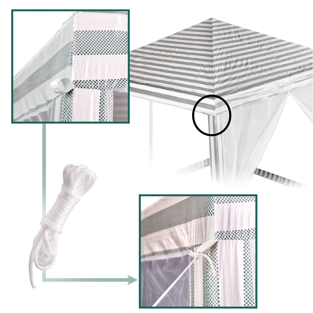 Cort pavilion gradina, pereti cu plasa anti insecte si structura metalica, 3x3 m, alb si verde