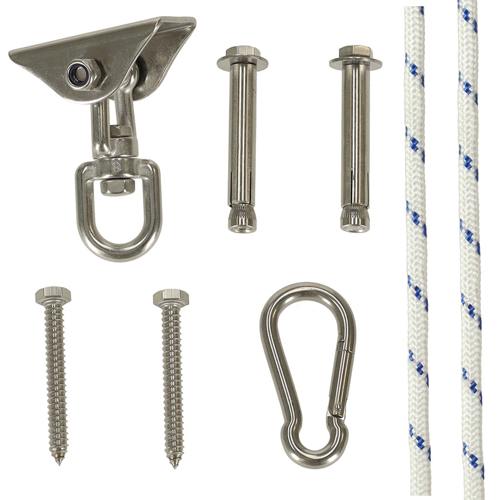 Set de montaj pentru hamac sau leagan – suport tavan, sfoara 196 cm, rotire 360°, 300 kg