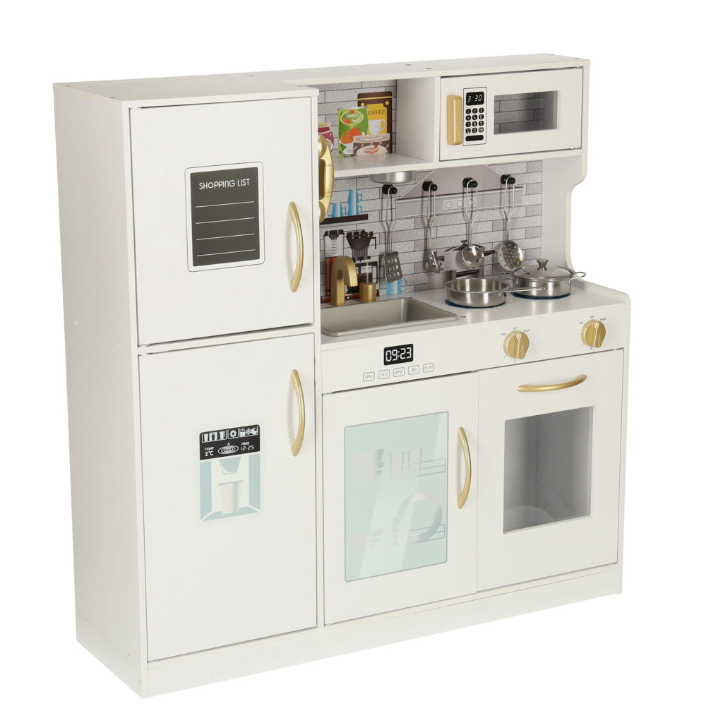 Bucatarie copii din lemn cu frigider, accesorii si electrocasnice grafice, 80x24x80 cm, alb