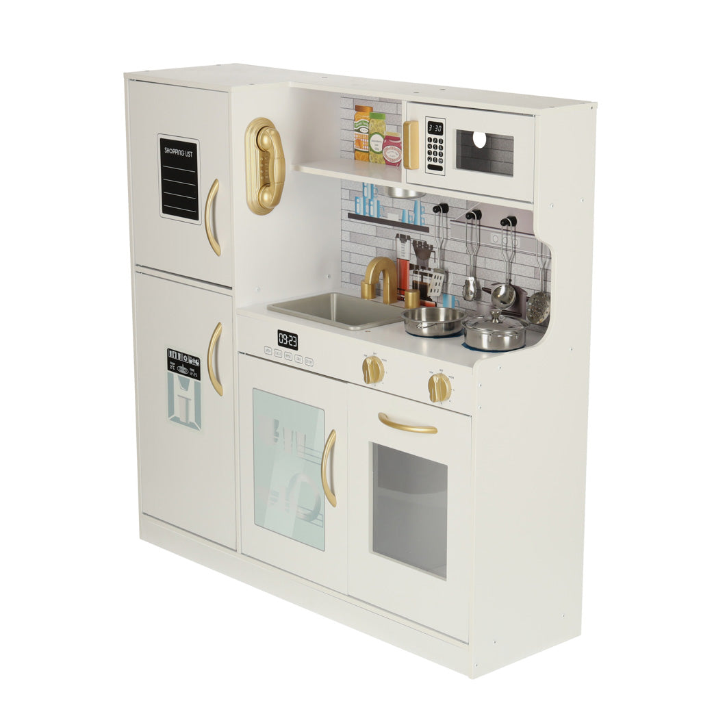 Bucatarie copii din lemn cu frigider, accesorii si electrocasnice grafice, 80x24x80 cm, alb