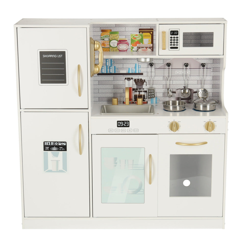 Bucatarie copii din lemn cu frigider, accesorii si electrocasnice grafice, 80x24x80 cm, alb