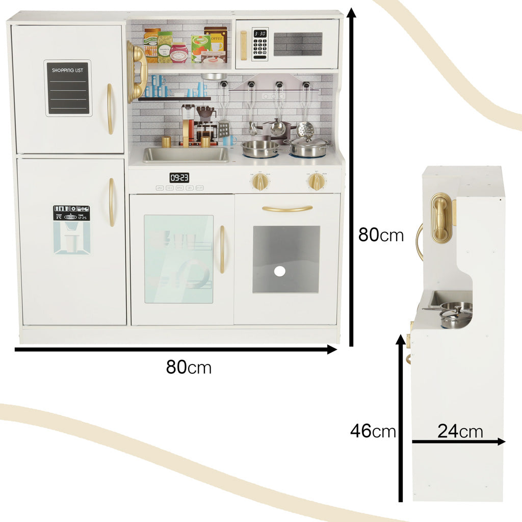 Bucatarie copii din lemn cu frigider, accesorii si electrocasnice grafice, 80x24x80 cm, alb