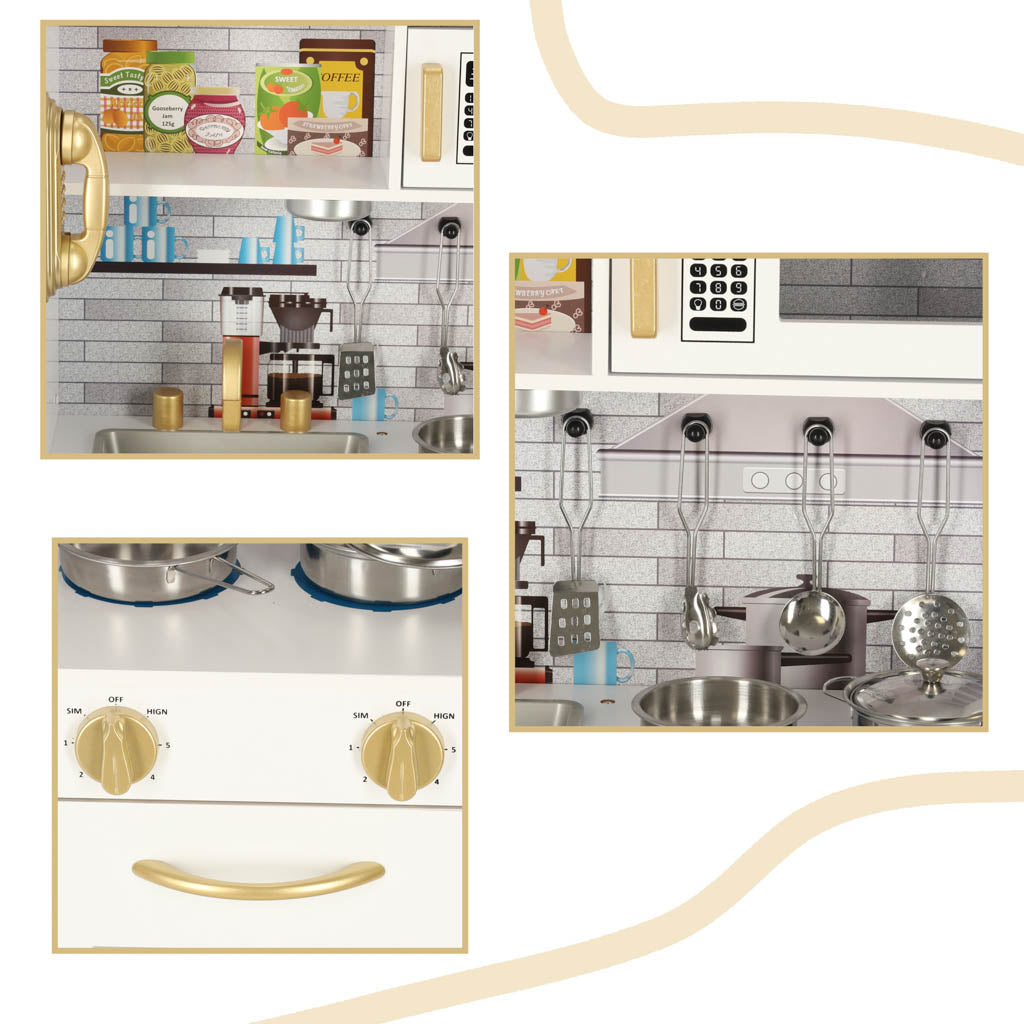 Bucatarie copii din lemn cu frigider, accesorii si electrocasnice grafice, 80x24x80 cm, alb