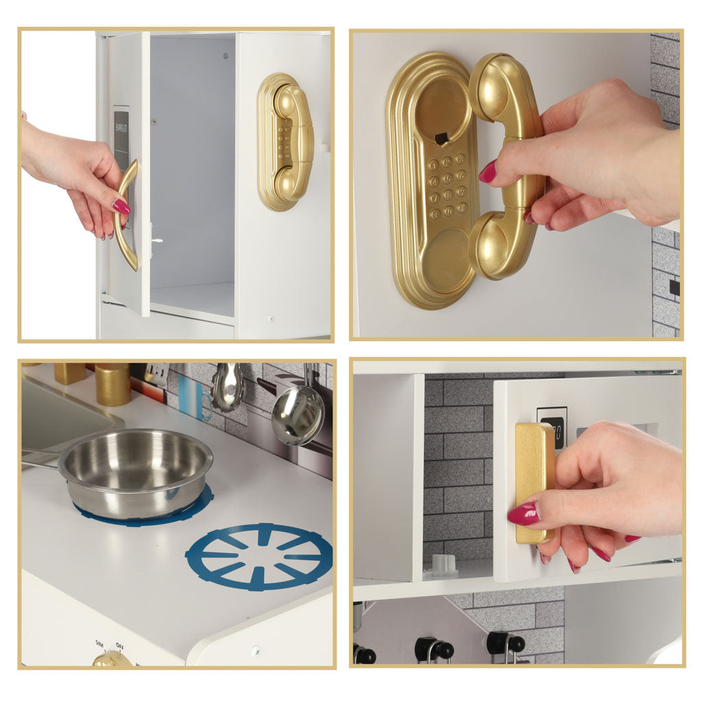 Bucatarie copii din lemn cu frigider, accesorii si electrocasnice grafice, 80x24x80 cm, alb