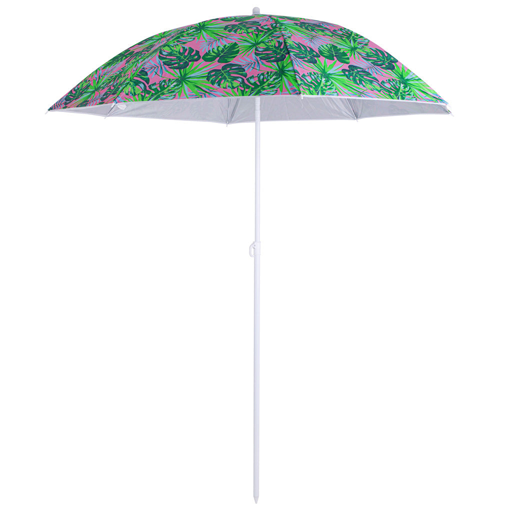Umbrela de plaja pliabila, cu inclinare si inaltime reglabila, diametru 150 cm, verde cu imprimeu frunze verzi