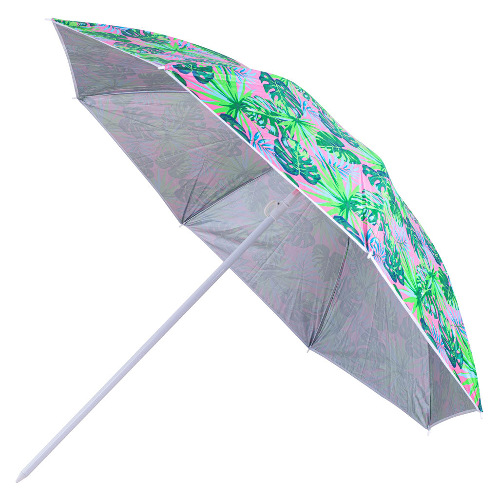 Umbrela de plaja pliabila, cu inclinare si inaltime reglabila, diametru 150 cm, verde cu imprimeu frunze verzi