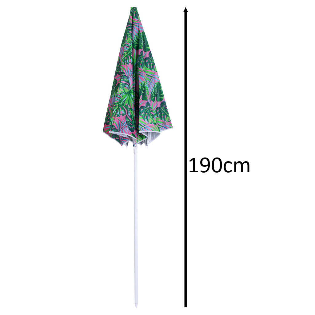 Umbrela de plaja pliabila, cu inclinare si inaltime reglabila, diametru 150 cm, verde cu imprimeu frunze verzi