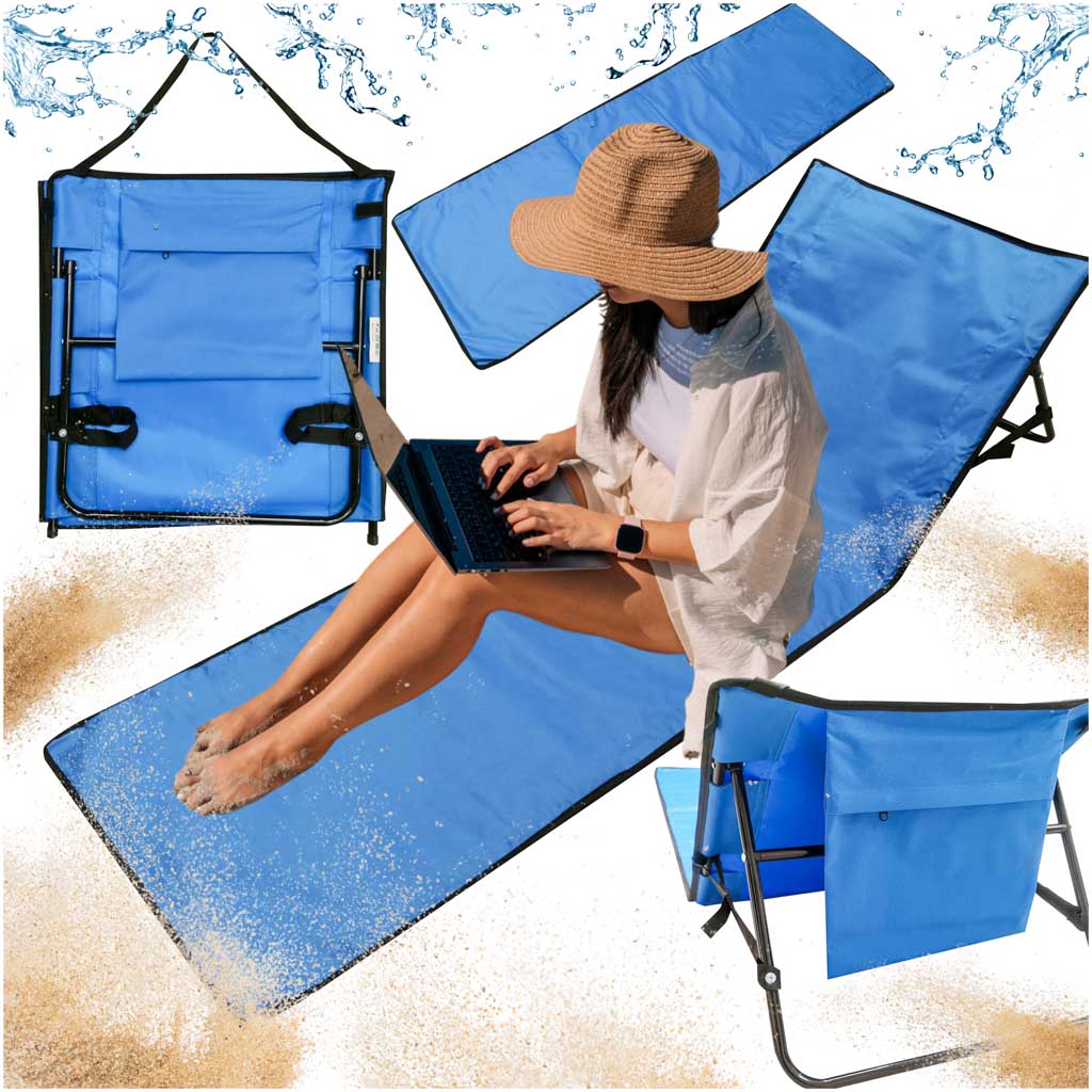 Sezlong pliabil cu spatar pentru plaja, material impermeabil, 150x47 cm, albastru inchis