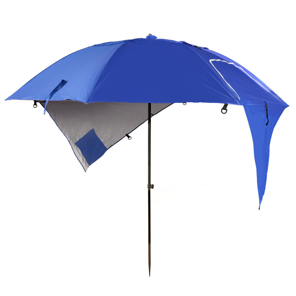 Umbrela de plaja tip cort 2 in 1 cu paravan lateral, ventilatie si protectie UV, diametru 213 cm, albastru