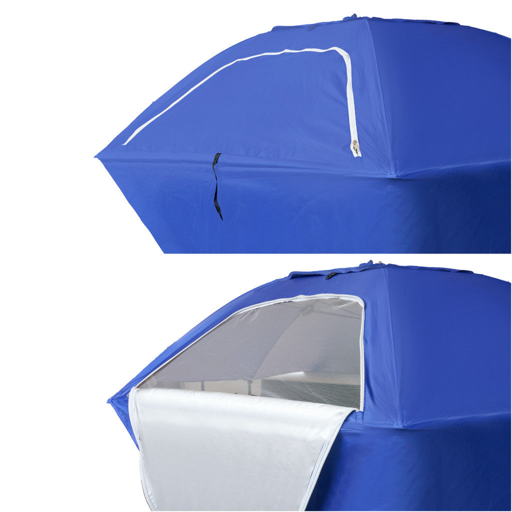 Umbrela de plaja tip cort 2 in 1 cu paravan lateral, ventilatie si protectie UV, diametru 213 cm, albastru