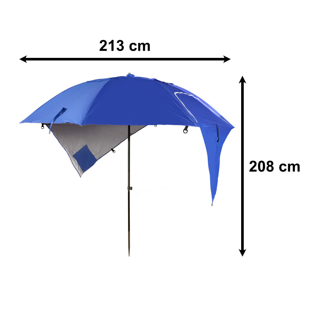Umbrela de plaja tip cort 2 in 1 cu paravan lateral, ventilatie si protectie UV, diametru 213 cm, albastru