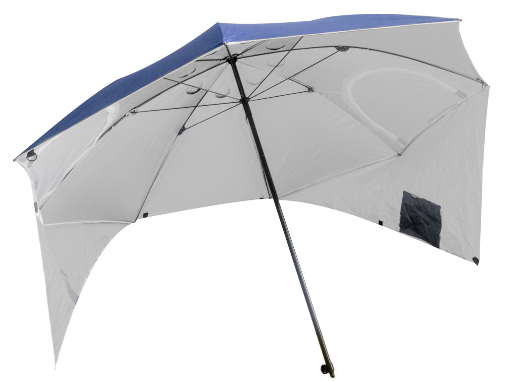 Umbrela de plaja tip cort 2 in 1 cu paravan lateral, ventilatie si protectie UV, diametru 213 cm, albastru