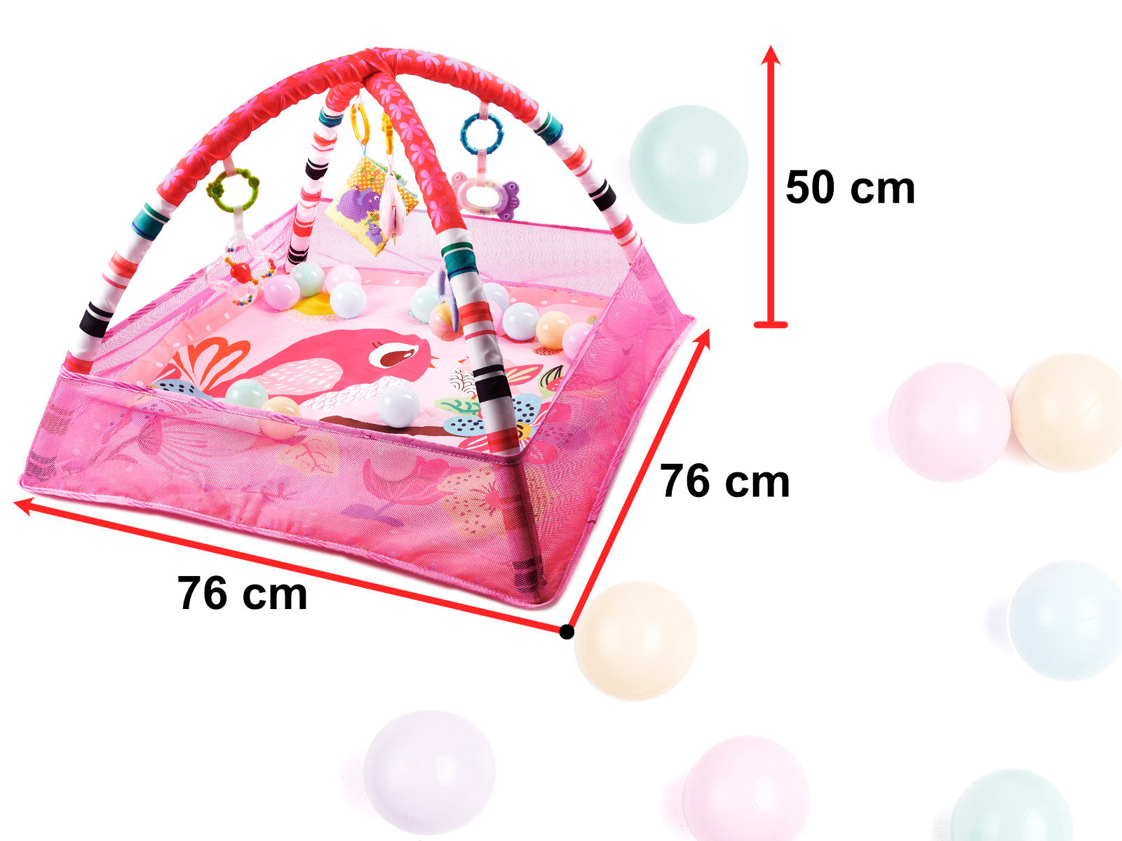 Tarc de joaca pentru bebelusi, 76x76x50 cm, roz – cu jucarii, mingi si arcade interactive