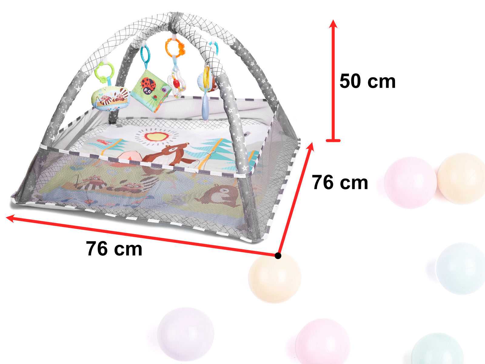 Tarc de joaca pentru bebelusi, 76x76x50 cm, gri – cu jucarii, mingi si arcade interactive