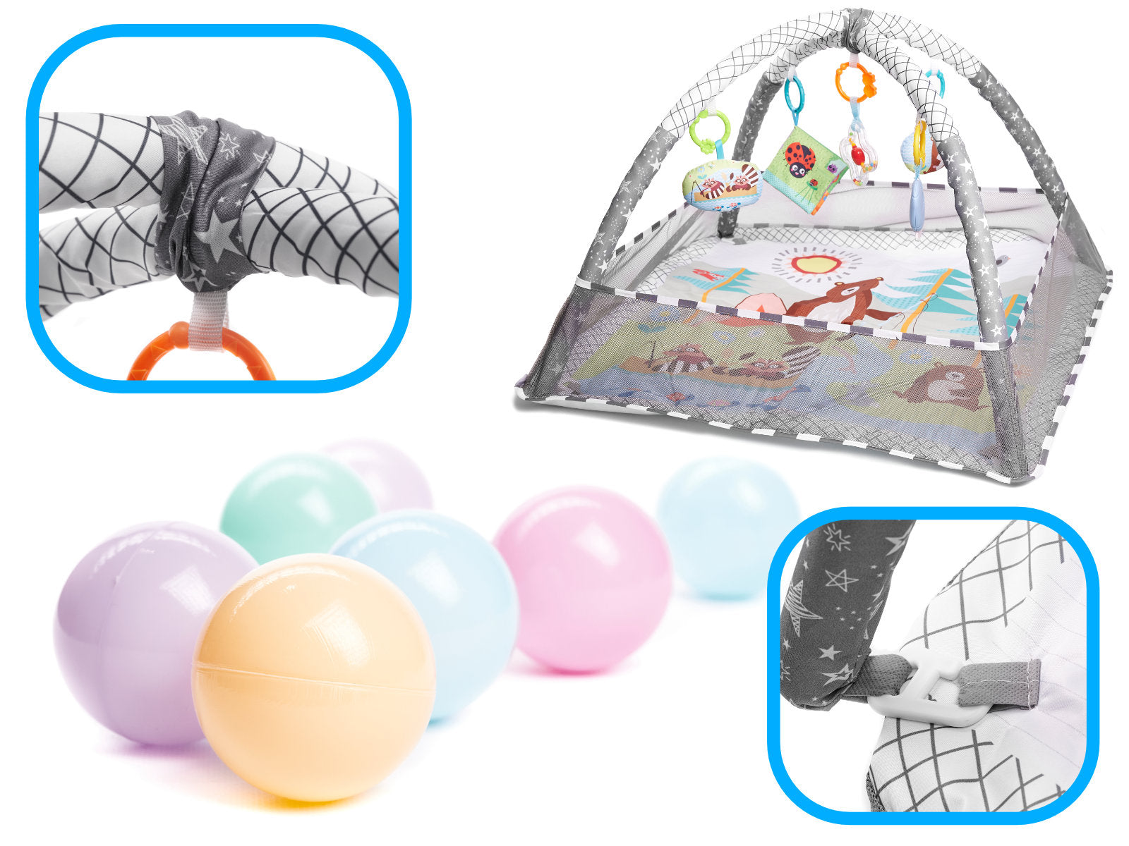 Tarc de joaca pentru bebelusi, 76x76x50 cm, gri – cu jucarii, mingi si arcade interactive