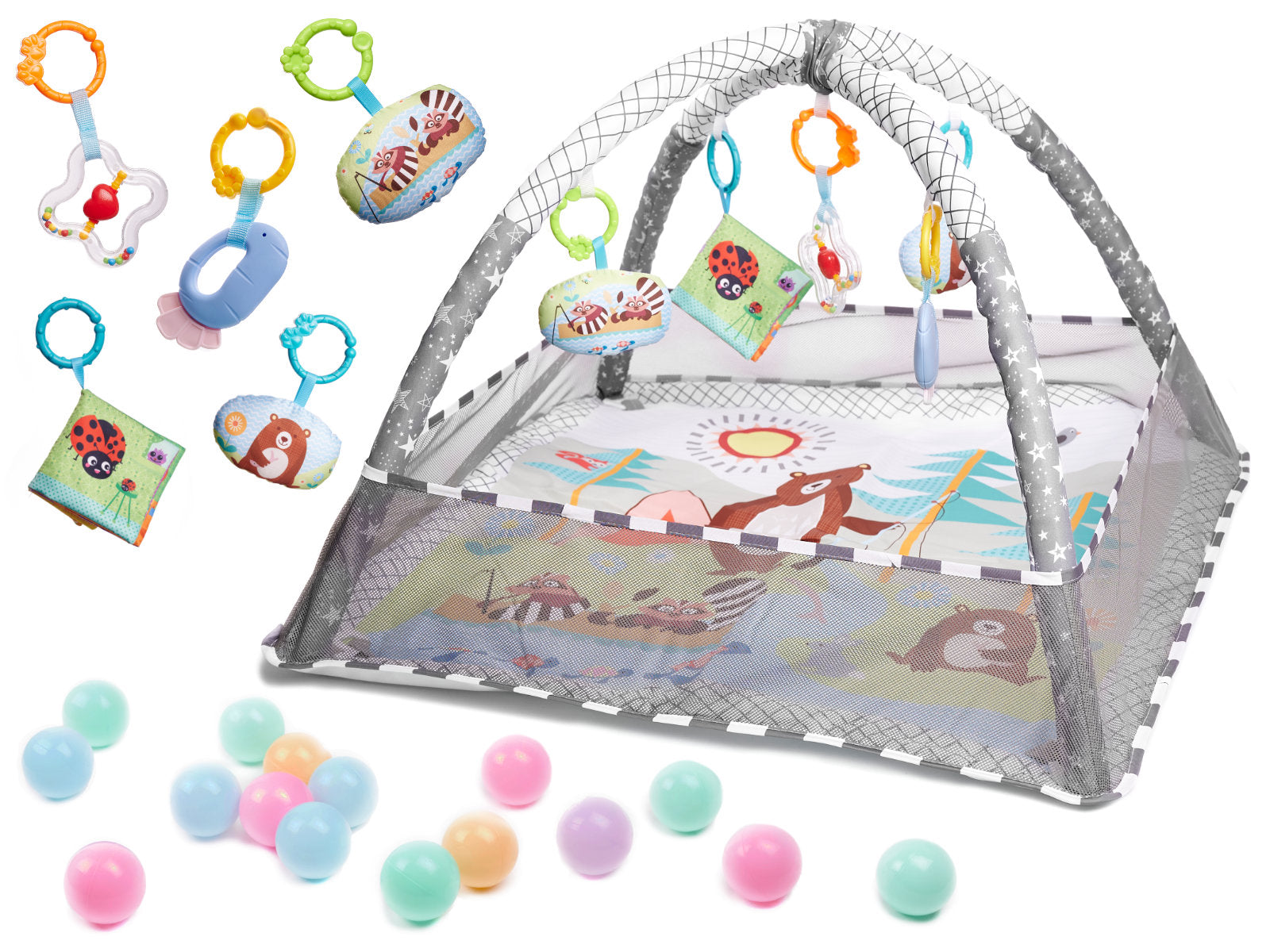 Tarc de joaca pentru bebelusi, 76x76x50 cm, gri – cu jucarii, mingi si arcade interactive
