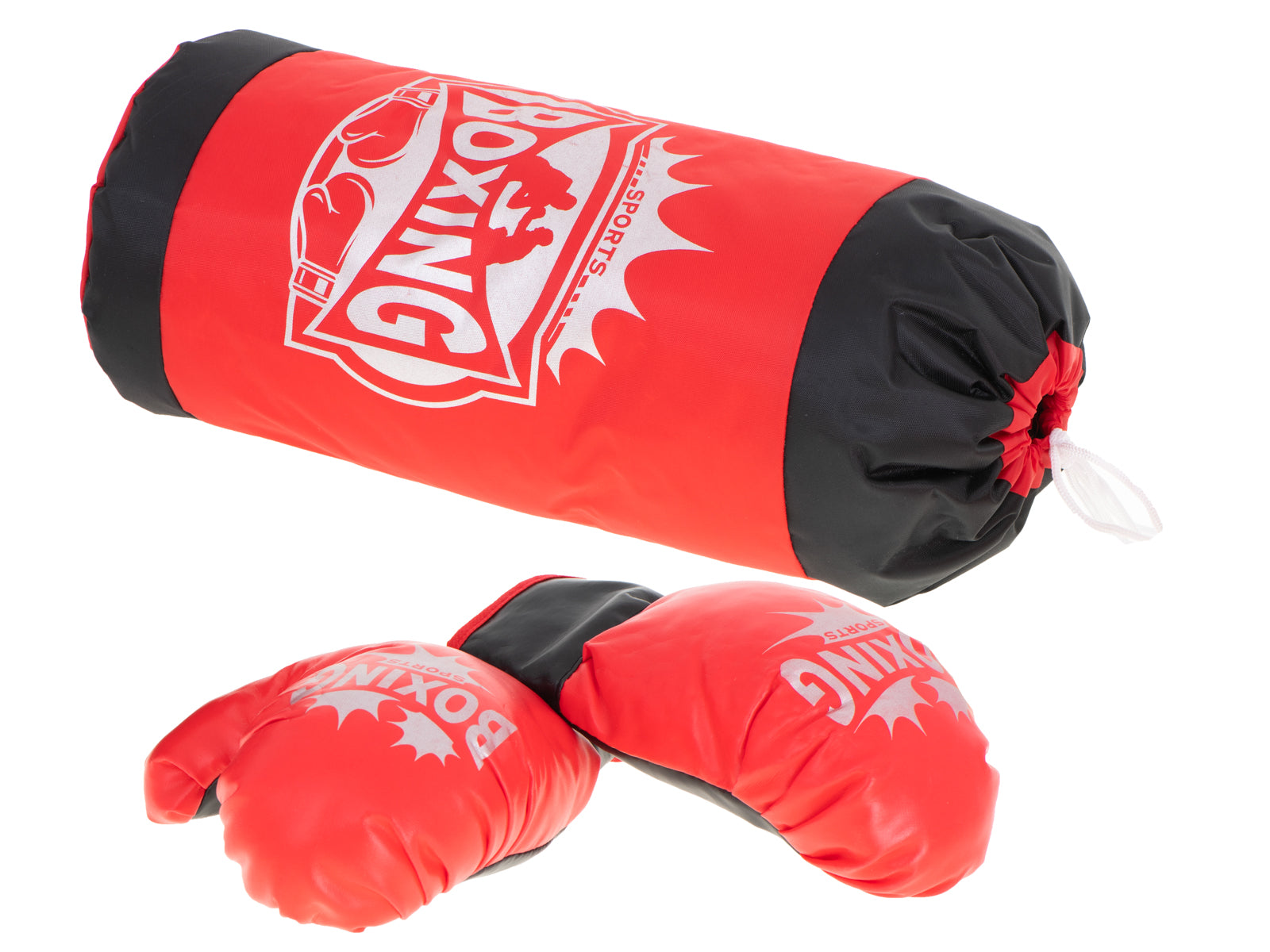 Set sac de box pentru copii 53x45 cm, cu manusi incluse, pentru antrenament acasa, rosu-negru