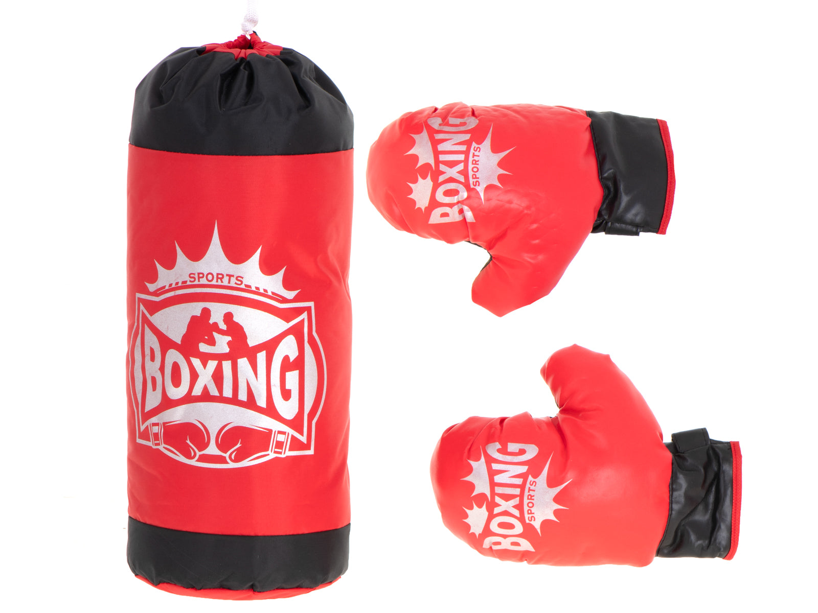 Set sac de box pentru copii 53x45 cm, cu manusi incluse, pentru antrenament acasa, rosu-negru