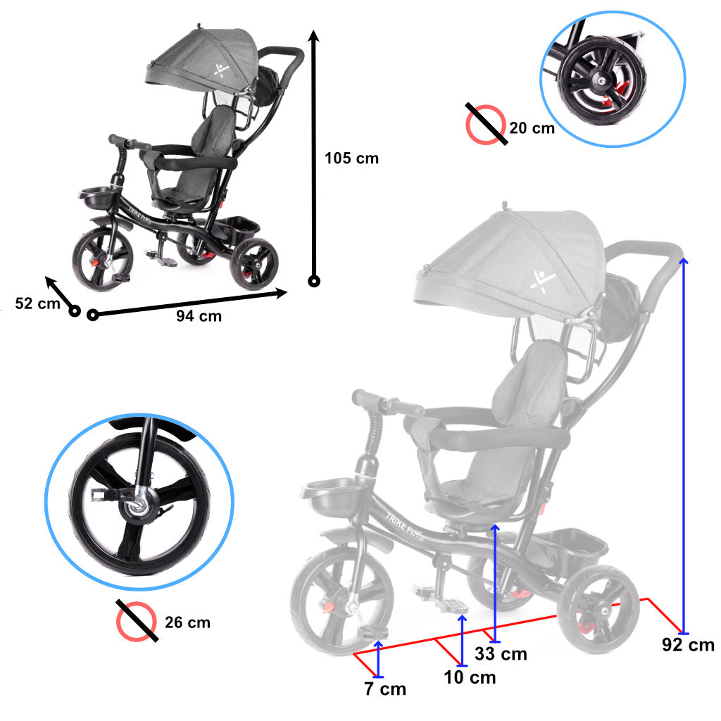 Tricicleta 3in1 105x52x94 cm, cu sezut rotativ 360°, roti fara aer, copertina reglabila, gri