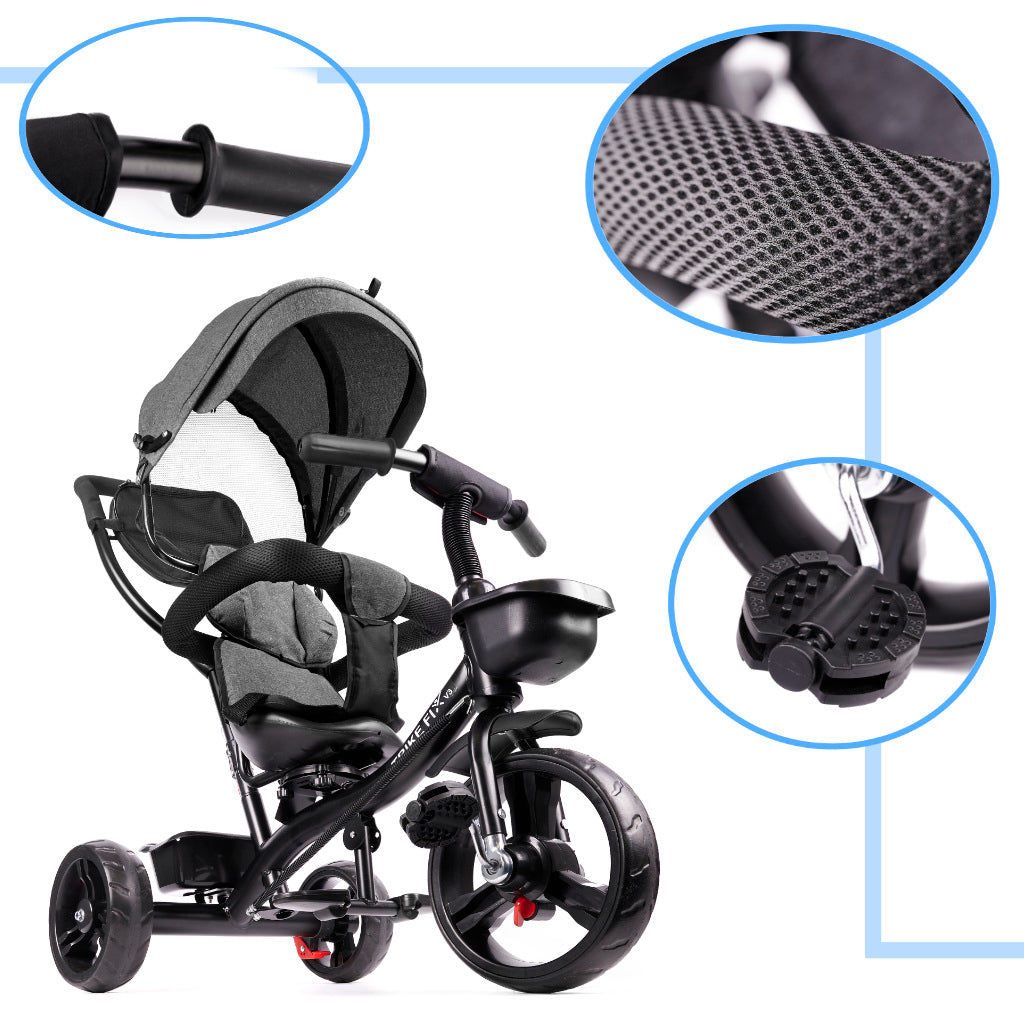 Tricicleta 3in1 105x52x94 cm, cu sezut rotativ 360°, roti fara aer, copertina reglabila, gri