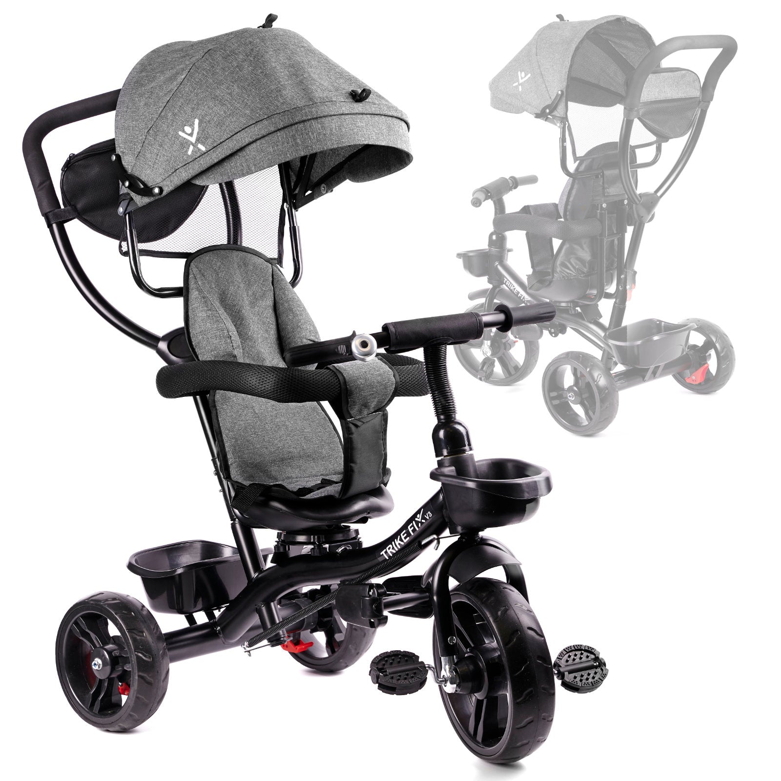 Tricicleta 3in1 105x52x94 cm, cu sezut rotativ 360°, roti fara aer, copertina reglabila, gri