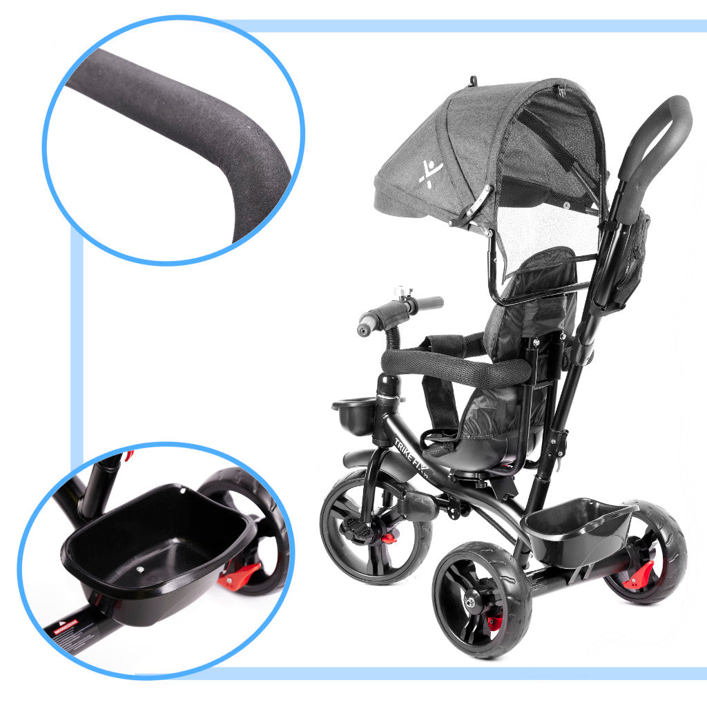 Tricicleta 3in1 105x52x94 cm, cu sezut rotativ 360°, roti fara aer, copertina reglabila, gri