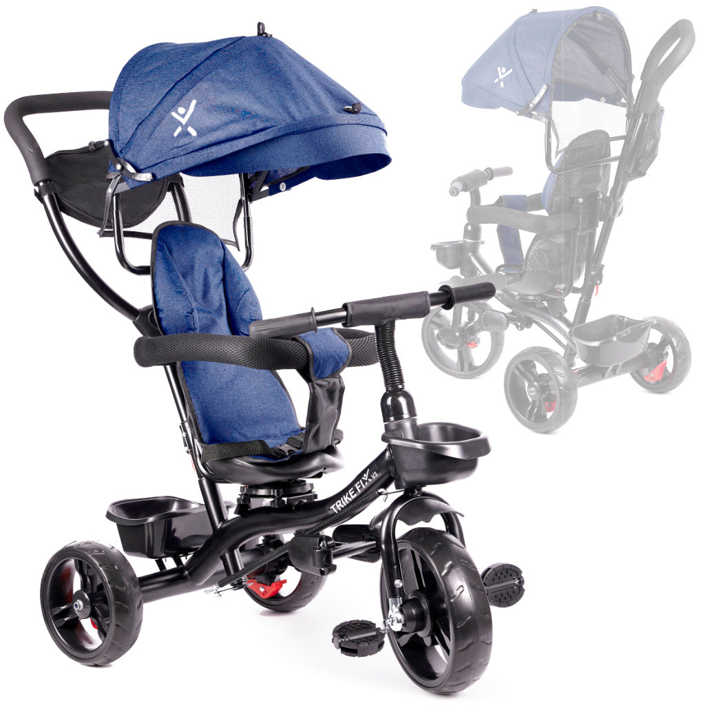 Tricicleta 3in1 105x52x94 cm, cu sezut rotativ 360°, roti fara aer, copertina reglabila, bleumarin