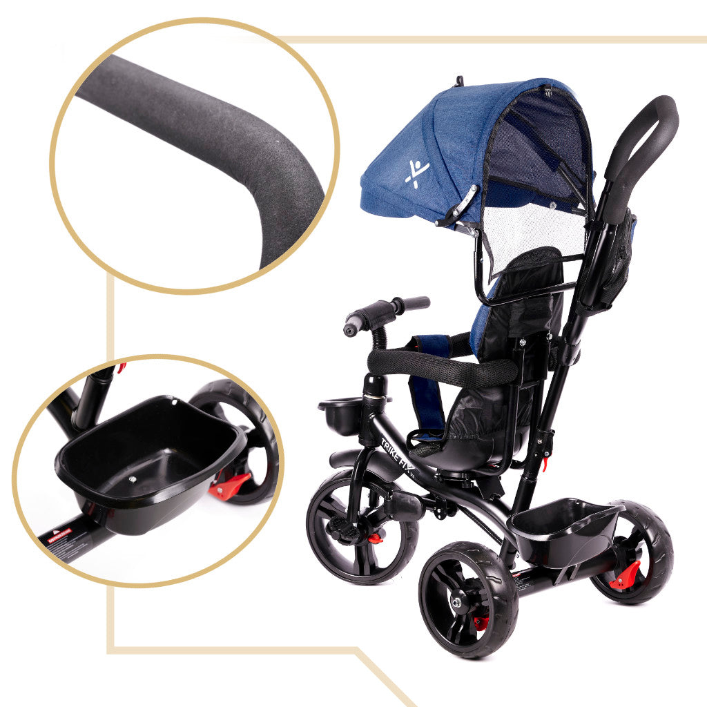 Tricicleta 3in1 105x52x94 cm, cu sezut rotativ 360°, roti fara aer, copertina reglabila, bleumarin