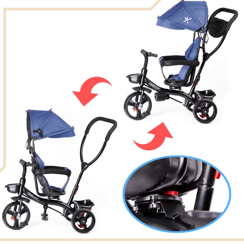 Tricicleta 3in1 105x52x94 cm, cu sezut rotativ 360°, roti fara aer, copertina reglabila, bleumarin