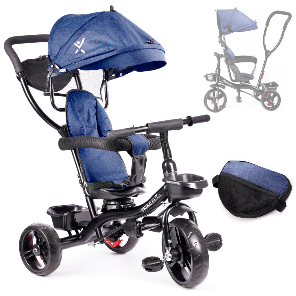 Tricicleta 3in1 105x52x94 cm, cu sezut rotativ 360°, roti fara aer, copertina reglabila, bleumarin