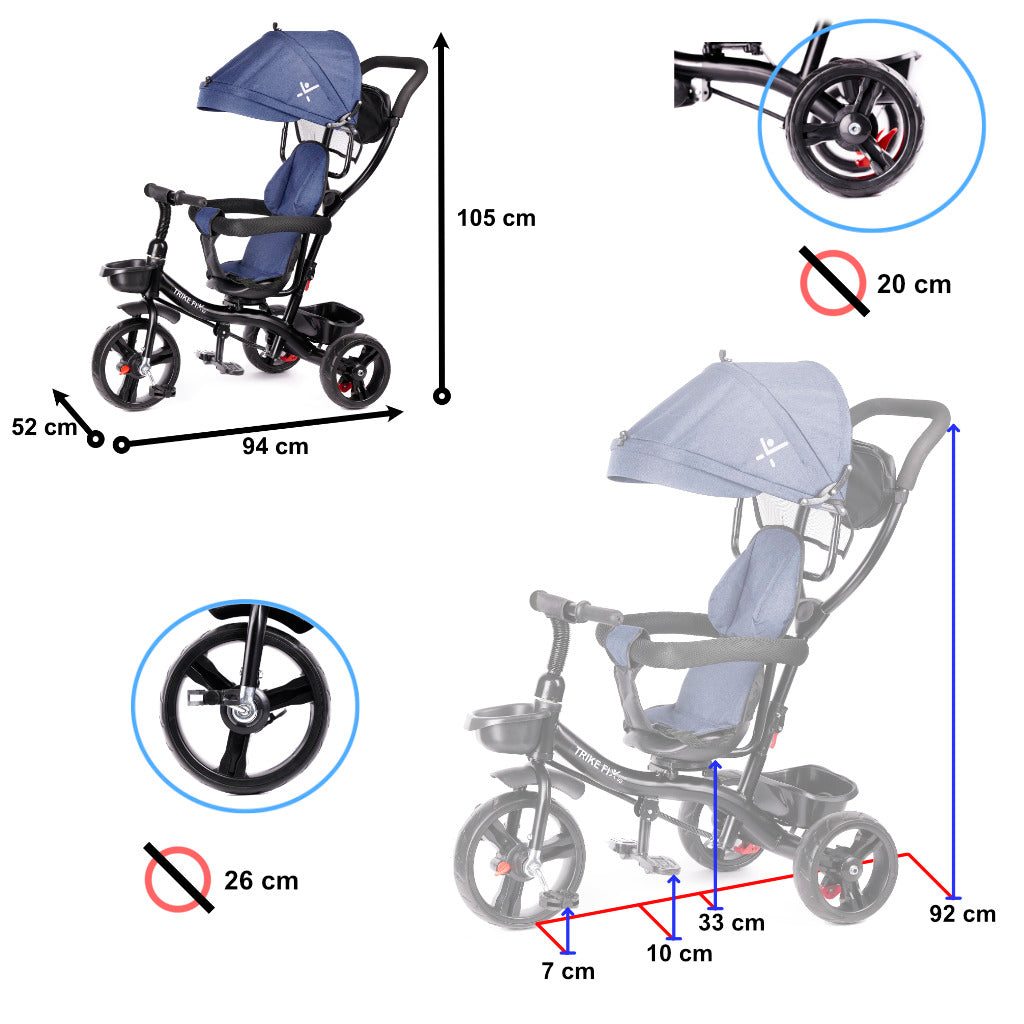 Tricicleta 3in1 105x52x94 cm, cu sezut rotativ 360°, roti fara aer, copertina reglabila, bleumarin