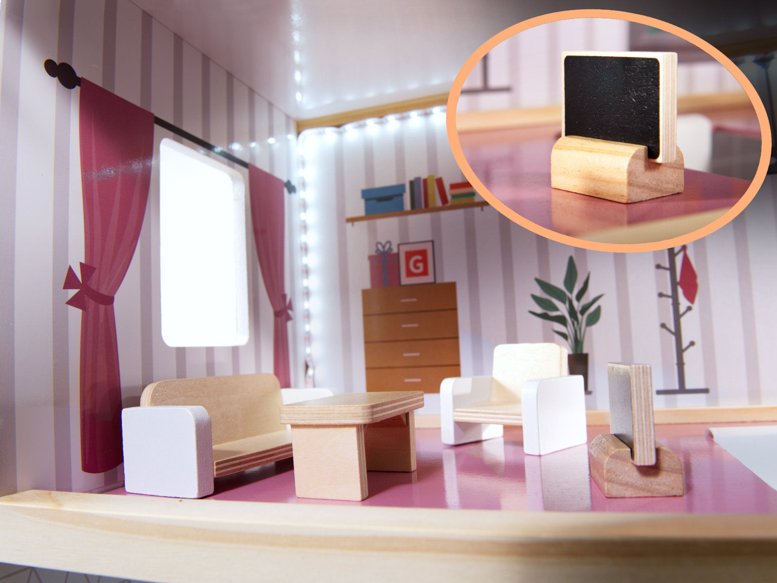 Casa de papusi mare din lemn cu 3 etaje, 4 camere, terasa, mobilier si iluminare LED, 62x27x78 cm, alb